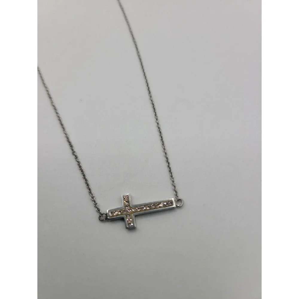Silver Tone Sideways Cross Necklace Clear Rhinestone Christian Faith Jewelry
